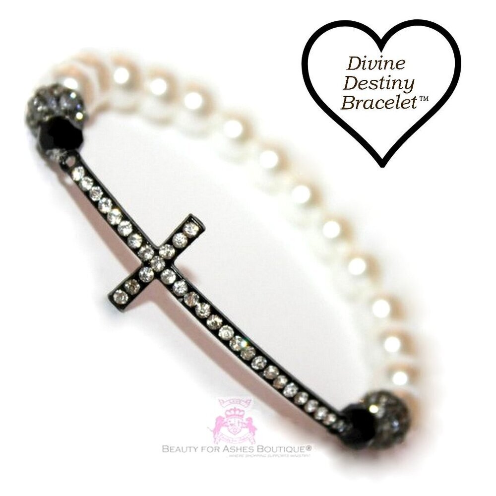 Divine Destiny Crystal Prayer Pearl Cross Stretch Bracelet